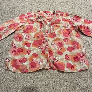 JM Collection Linen Floral Button Front Blouse Sz 22W Artsy Watercolor Cottage